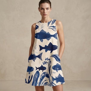 Indigo Fish Print A-Line Mini Dress with Pockets, Coastal Vacation Dress