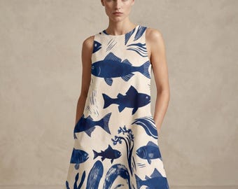 Indigo Fish Print A-Line Mini Dress with Pockets, Coastal Vacation Dress