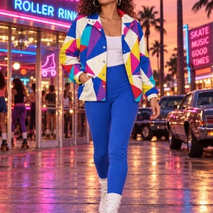 Puede incluir: Una chaqueta de manga larga con un patr&oacute;n geom&eacute;trico de tri&aacute;ngulos azules, rosas, amarillos y blancos, usada sobre una camiseta sin mangas blanca con leggings azules s&oacute;lidos y zapatillas altas blancas con calcetines blancos, un conjunto vibrante.