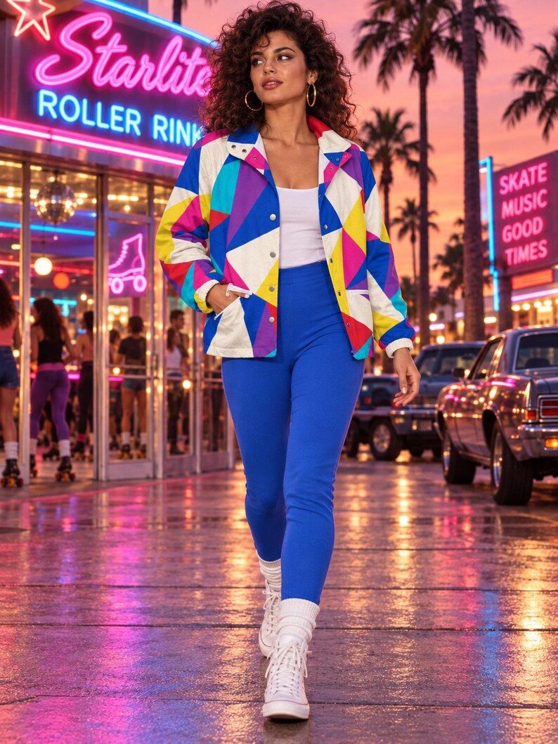 Puede incluir: Una chaqueta de manga larga con un patr&oacute;n geom&eacute;trico de tri&aacute;ngulos azules, rosas, amarillos y blancos, usada sobre una camiseta sin mangas blanca con leggings azules s&oacute;lidos y zapatillas altas blancas con calcetines blancos, un conjunto vibrante.