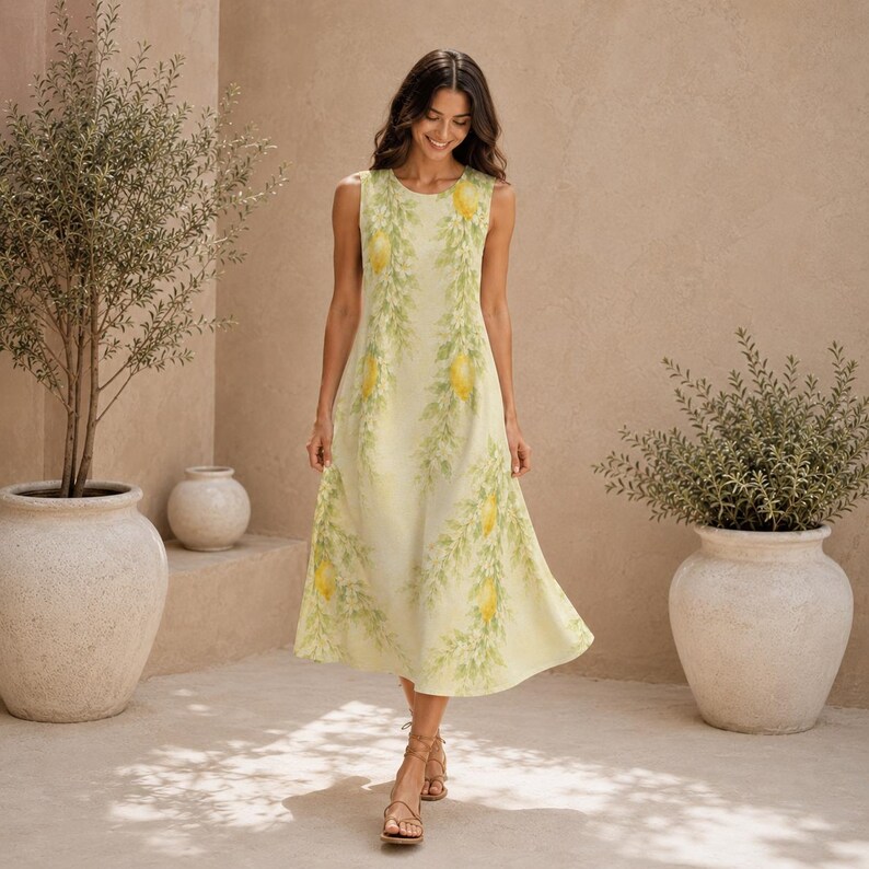 Mediterranean Lemon Floral Cotton Midi Dress, Sleeveless A-Line Garden Party Vacation Resort Dress image 9