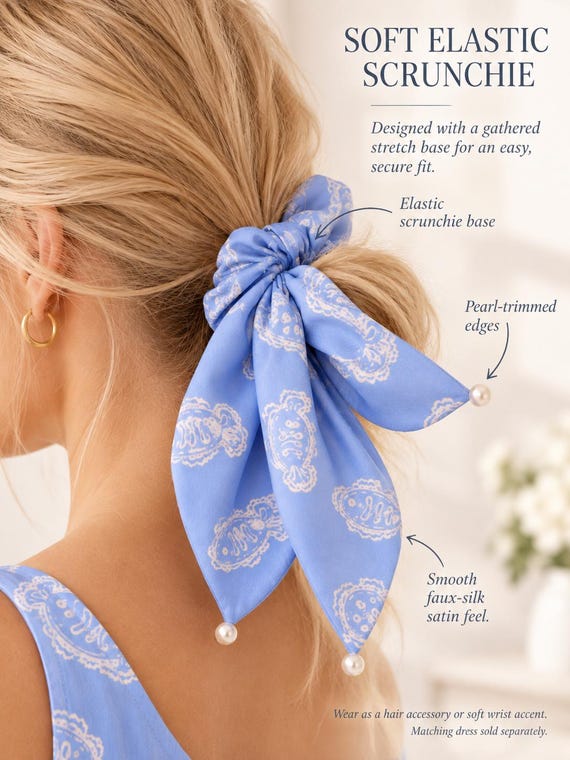 Powder Blue Fish Bow Scrunchie, Satin Hair Scarf, Coastal Summer Accessory