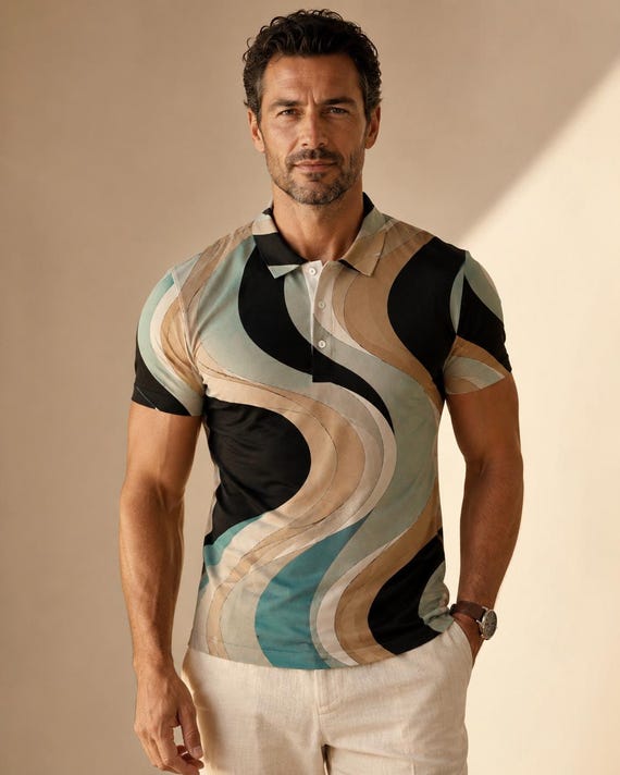 Men's Retro Geometric Polo Shirt, Mediterranean Resort Style, Abstract Golf Top