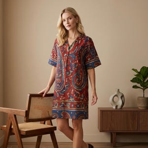 K&ouml;nnte beinhalten: Kurz&auml;rmeliges, knielanges Kleid mit Paisley-Muster in Rot, Blau und Gold. Das Kleid hat einen V-Ausschnitt und eine Knopfleiste vorne. Die &Auml;rmel und der Saum sind mit einem blauen Rand versehen. Das Kleid ist aus leichtem Stoff gefertigt.