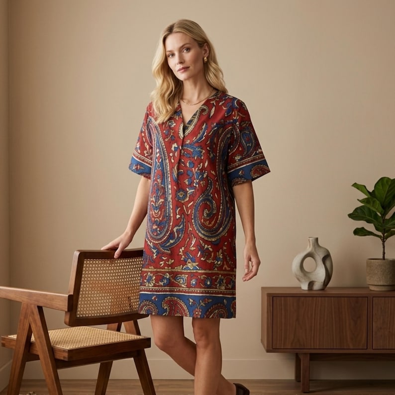 K&ouml;nnte beinhalten: Kurz&auml;rmeliges, knielanges Kleid mit Paisley-Muster in Rot, Blau und Gold. Das Kleid hat einen V-Ausschnitt und eine Knopfleiste vorne. Die &Auml;rmel und der Saum sind mit einem blauen Rand versehen. Das Kleid ist aus leichtem Stoff gefertigt.