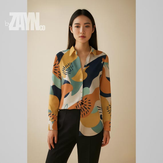 Colorful Abstract Art Shirt by ZAYN | Gallery-Inspired Button-Up Blouse | Designer Wearable Art