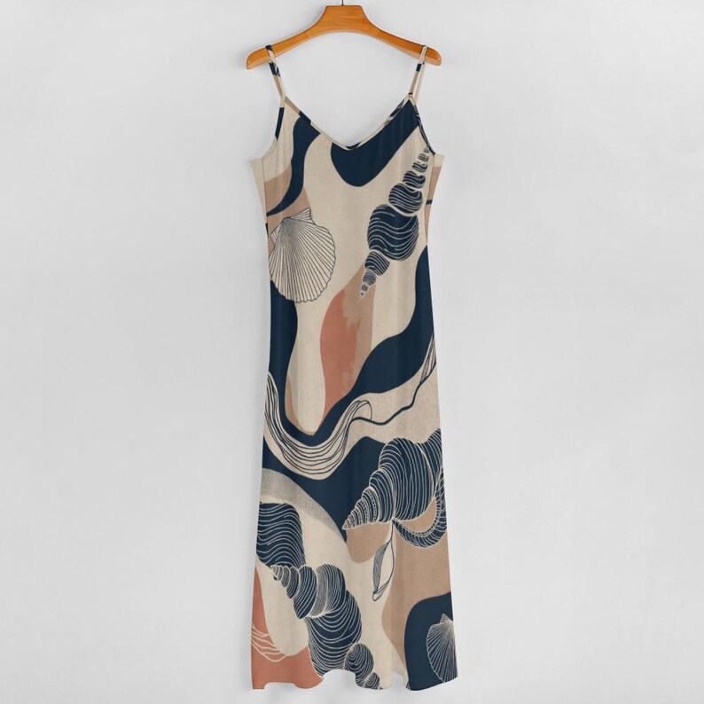 Seashell Print Maxi Dress, Cream Navy Spaghetti Strap Coastal Resort Wear 画像 6