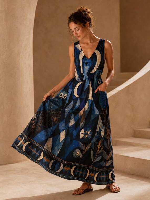 Celestial Moon Maxi Dress with Pockets, Witchy Geometric V-Neck Dress