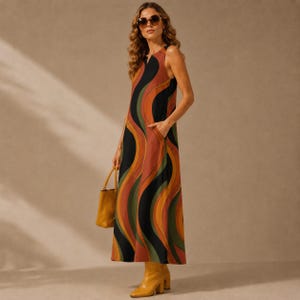 May include: A sleeveless maxi dress featuring a wavy, multi-coloured pattern in shades of black, orange, and olive green. The dress has a V-neckline and side pockets. It is paired with a mustard yellow handbag and matching leather ankle boots.