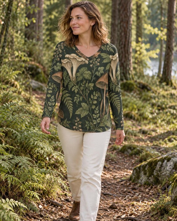 Mushroom V-Neck Long Sleeve Blouse, Forest Botanical Print