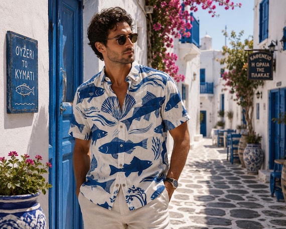 Men’s Mediterranean Fish Print Shirt, Coastal Resort Button Up, Matching Vacation Outfit
