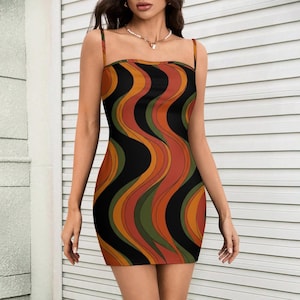Retro Wave Strappy Mini Dress, 70s Abstract Swirl Summer Party Vacation image 13