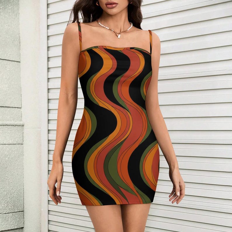 Retro Wave Strappy Mini Dress, 70s Abstract Swirl Summer Party Vacation image 13