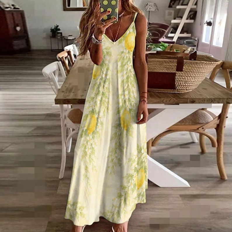 Lemon Print Maxi Dress, Floral Spaghetti Strap Amalfi Coast Resort Wear imagen 14