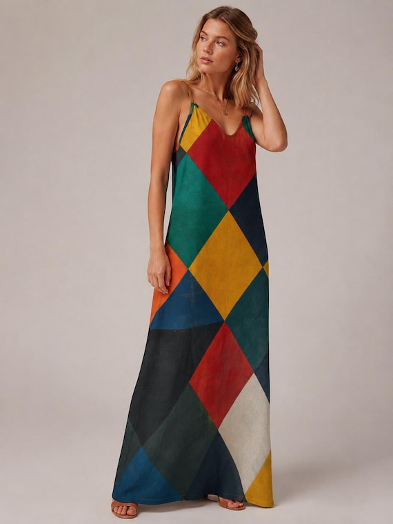 Color Block Dress, 70s Geometric Maxi Dress, Spaghetti Strap Resort Style