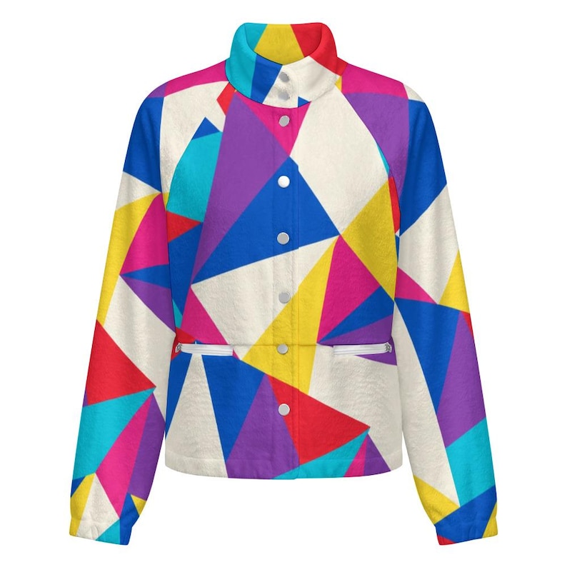 Chaqueta polar geométrica de los 80 para mujer, chaqueta retro con bloques de color, prenda de abrigo de otoño. imagen 20