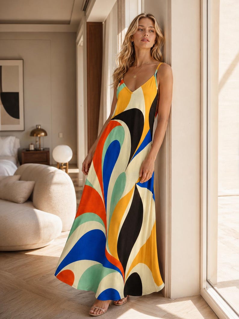 May include: A floor-length maxi dress featuring a vibrant, abstract graphic print with bold, sweeping shapes in shades of orange, blue, black, yellow, and light green. The garment has a V-neckline and thin spaghetti straps, with a loose, flowing silhouette.
