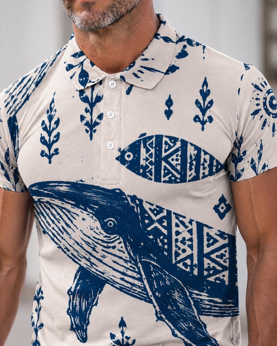 Men's Whale Print Polo Shirt, Nautical Coastal Resort Wear Top