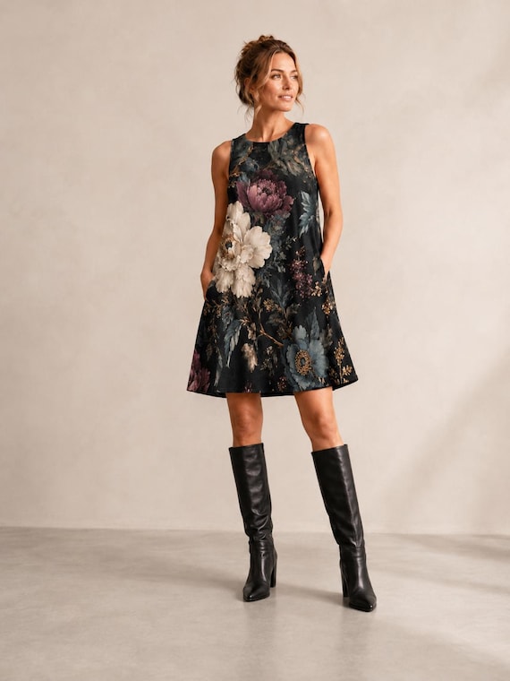Dark Botanical A-Line Dress, Gothic Floral Mini, Cottagecore Fall Outfit