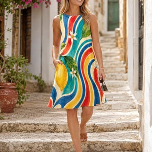 May include: A sleeveless knee-length dress featuring a vibrant pattern of swirling red, yellow, and blue stripes. The design includes illustrations of yellow lemons with green leaves and small white blossoms scattered across the fabric.