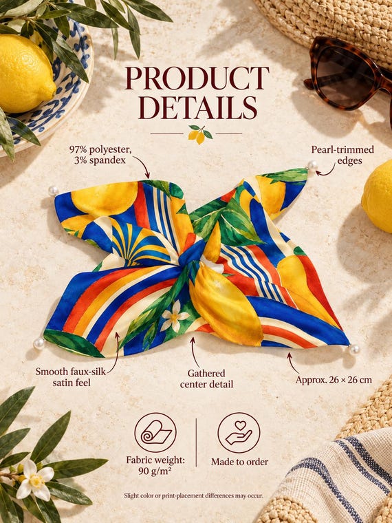 Lemon Wave Bow Scrunchie, Retro Satin Hair Scarf, Amalfi Resort Accessory