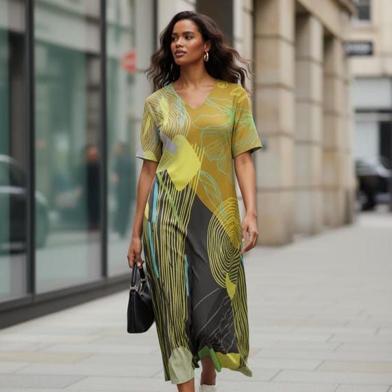 Abstract Art T-Shirt Dress: Modern Geometric Print, Mustard Yellow & Grey