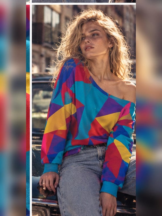 Colorful Geometric Off Shoulder Sweatshirt, Bright Abstract Retro Women's Slouchy Top