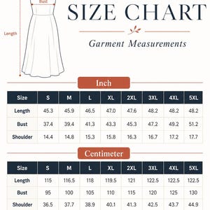 May include: A size chart for a dress featuring a line drawing of a sleeveless garment with labels for length, bust, and shoulder. The chart provides garment measurements in inches and centimeters for sizes S through 5XL in a clear, tabular format.