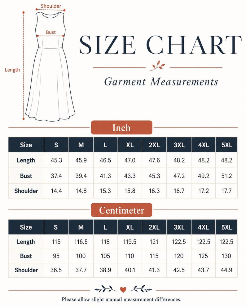 May include: A size chart for a dress featuring a line drawing of a sleeveless garment with labels for length, bust, and shoulder. The chart provides garment measurements in inches and centimeters for sizes S through 5XL in a clear, tabular format.