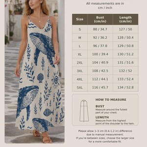 May include: A sleeveless maxi dress in off-white featuring a blue print of whales, seashells, and seaweed. Beside the dress is a size chart table with columns for size, bust in cm/inches, and length in cm/inches, plus a how-to-measure guide.