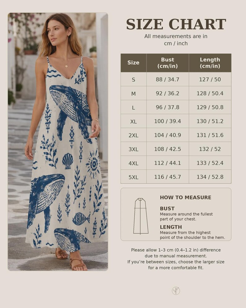 May include: A sleeveless maxi dress in off-white featuring a blue print of whales, seashells, and seaweed. Beside the dress is a size chart table with columns for size, bust in cm/inches, and length in cm/inches, plus a how-to-measure guide.