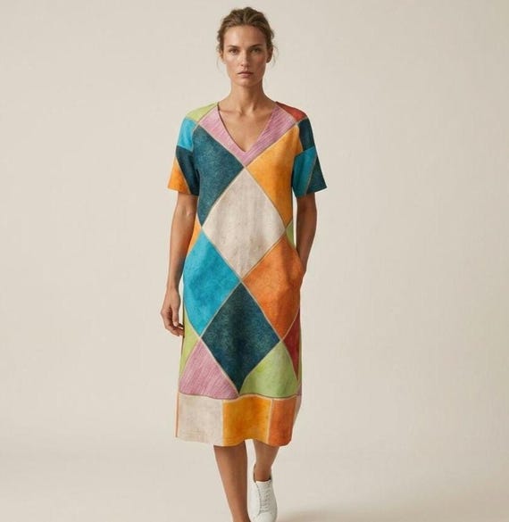 Colorful Geometric Patchwork A-Line Dress, Loose Fit, Boho Vacation Festival Style