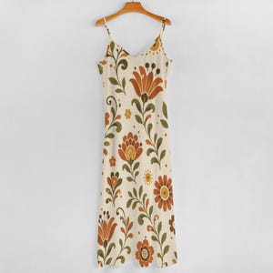 Retro Floral Maxi Dress, 70s Folk Art Spaghetti Strap Resort Wear zdjęcie 12