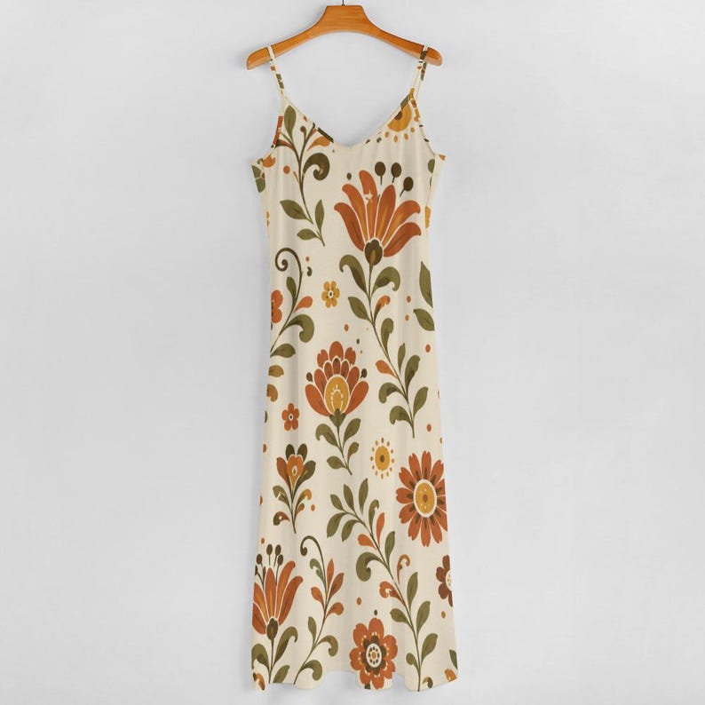 Retro Floral Maxi Dress, 70s Folk Art Spaghetti Strap Resort Wear zdjęcie 12