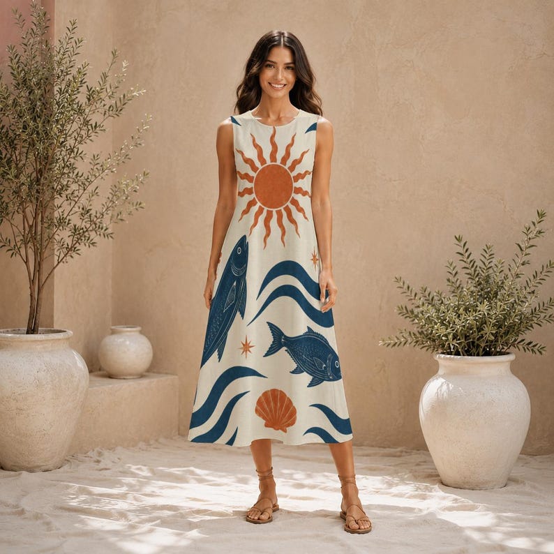 Mediterranean Fish Print Midi Dress, Cotton Slub Resort Dress with Pockets image 13