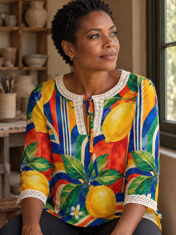 Lemon Print Blouse, Mediterranean Citrus Tie Neck Long Sleeve Top