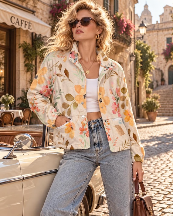 Floral Fleece Jacket for Women, Retro 80s Inspired, Snap Buttons & Zip Pockets