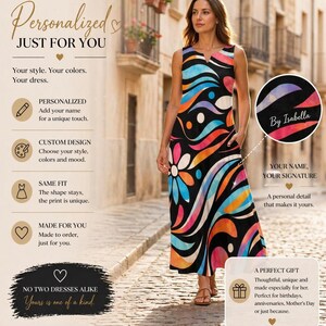 May include: A sleeveless, floor-length dress with a vibrant, abstract floral pattern in black, blue, orange, pink, and white. The dress features a V-neck and a personalized signature. The text reads "Personalized Just For You."