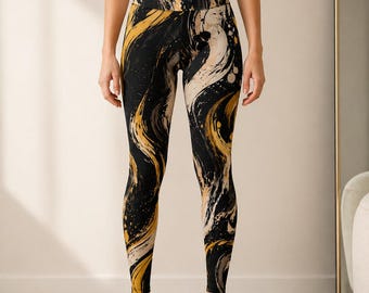 Pantaloni da yoga neri e oro, leggings tie-dye da donna, leggings da palestra a vita alta con stampa astratta, pantaloni da relax per allenamento.