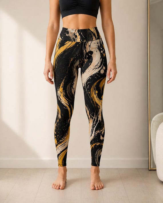 Black Gold Abstract Yoga Pants, High Waist Workout Leggings