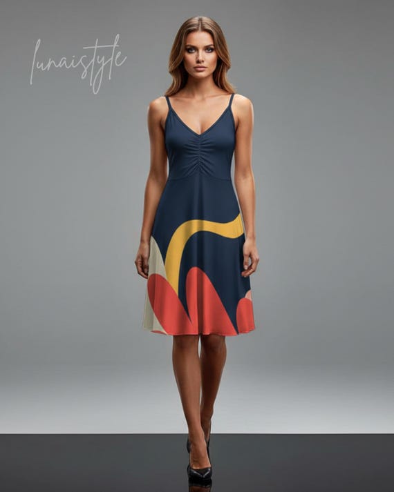 Abstract Midi Dress, Retro Artistic Slip Dress, Sleeveless Vacation Style