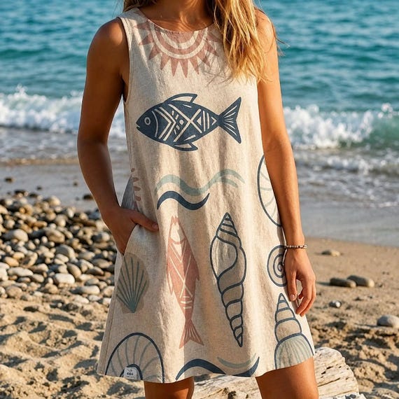 Fish Print A-Line Pocket Dress, Lightweight Coastal Resort Wear
