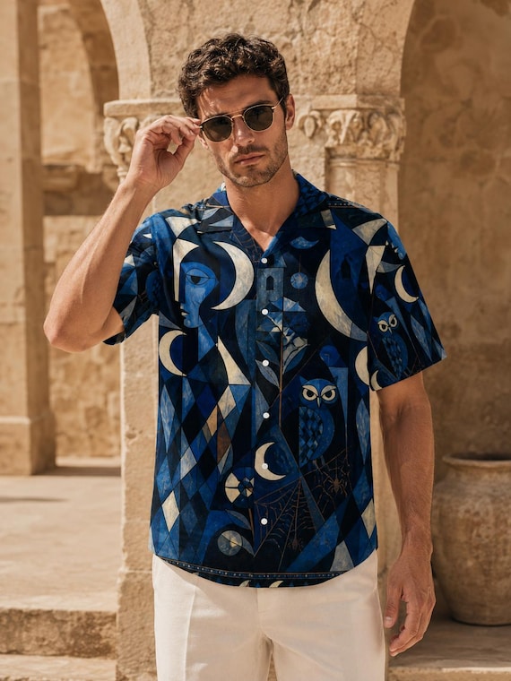 Men’s Blue Celestial Hawaiian Shirt, Moon Owl Gothic Button Up