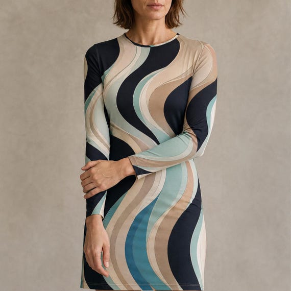 Teal Beige Black Abstract Wave Dress – Long Sleeve Retro Mod Knee Length