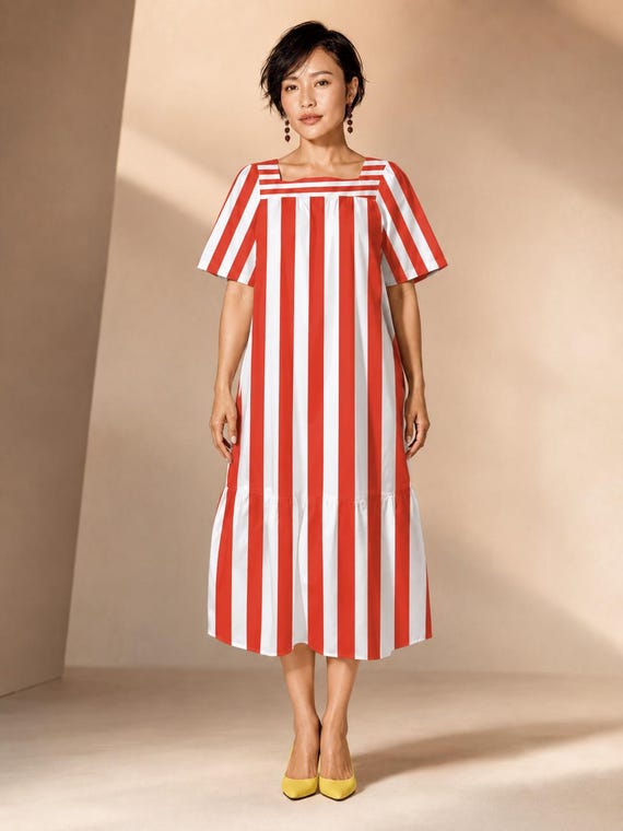 Red & White Cabana Stripe Maxi Dress, Square Neck