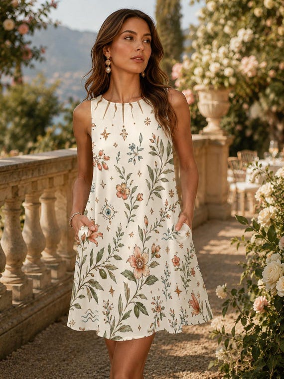 Mediterranean Evil Eye Dress With Pockets, Floral Resort Vacation Dress, Coastal A-Line Summer Dress
