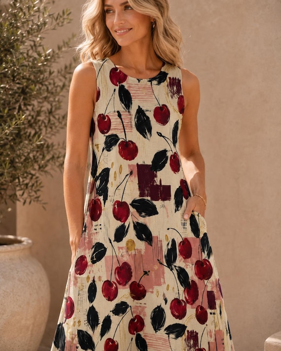 Cherry Print Cotton Midi Dress with Pockets, Whimsical Cottagecore Summer Dress