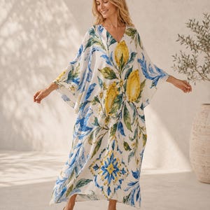 Zitronen-Kaftan-Kleid, mediterraner Strandüberzug, Resort Wear Maxi-Kaftan
