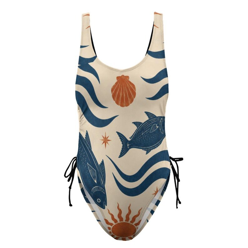 Mediterranean Fish One Piece Swimsuit, Nautical Coastal Beachwear, Seashell Sun Bathing Suit image 6