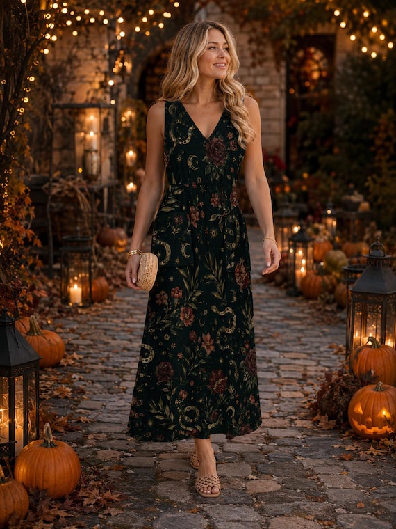 Floral Snake Gothic Maxi Dress, Witchy Halloween Print, V-Neck Pockets, S–5XL